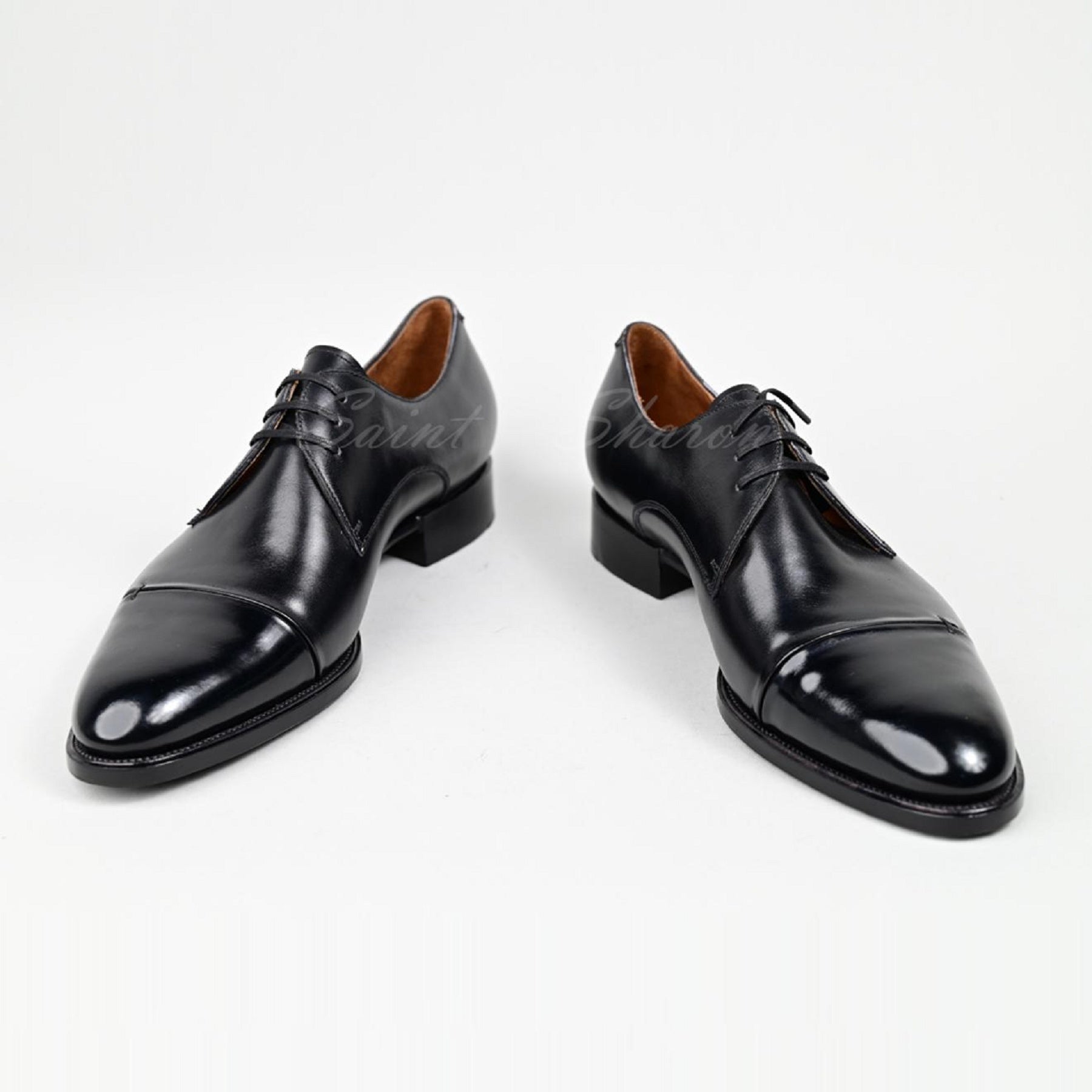 VSong Black Derby Shoes Cap Toe Leather Hand-Painted Mens Dress Shoes