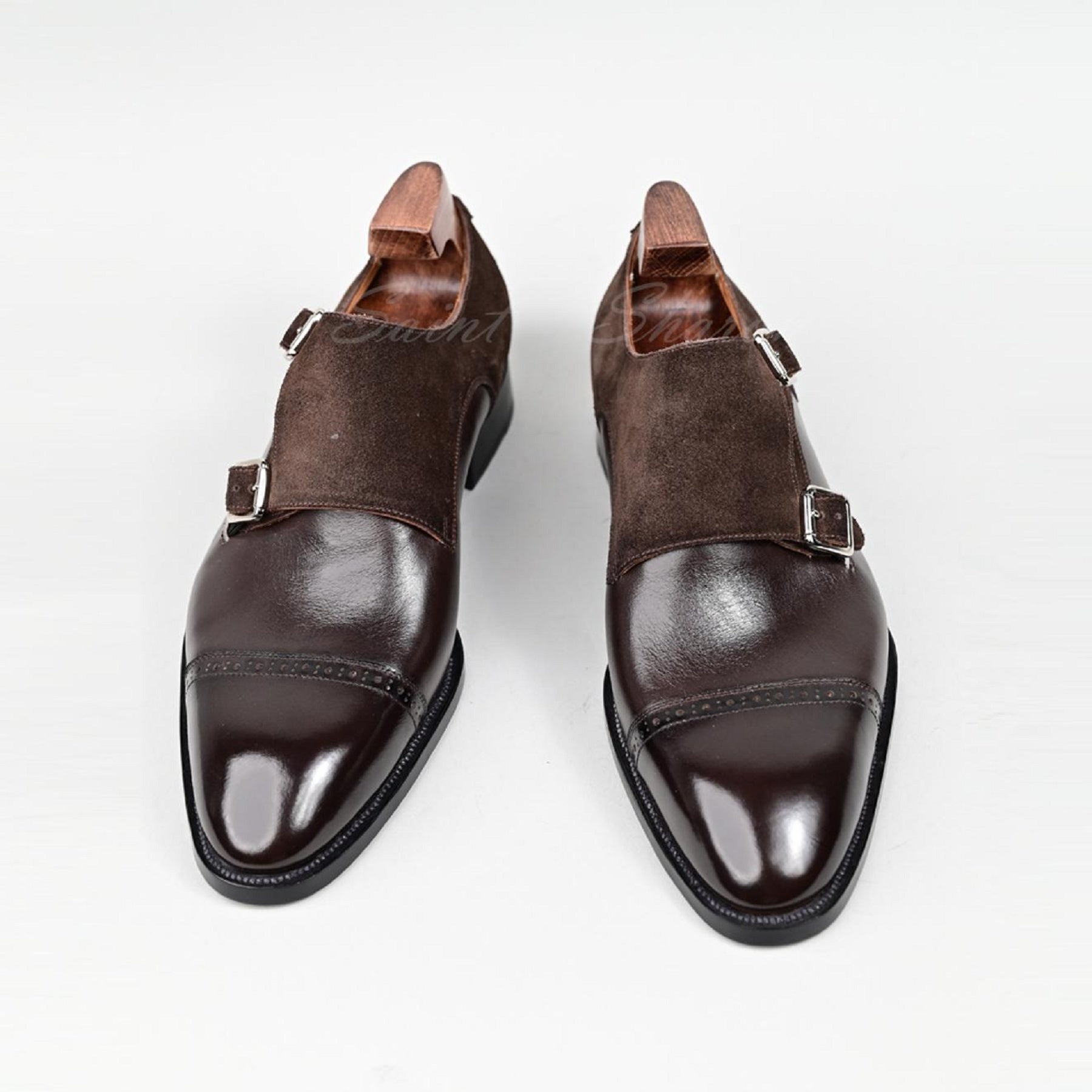 VSong MTO Black & Brown Suede Double Monkstrap Shoes