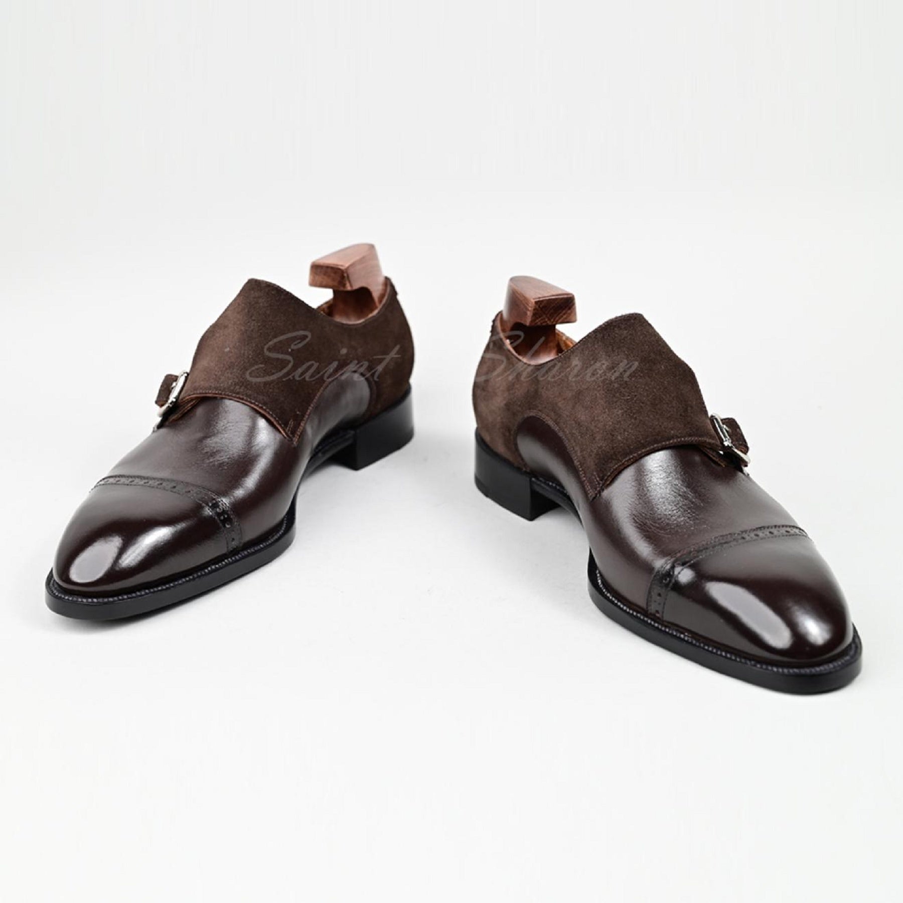 VSong Double Monkstrap Shoes Black & Brown Suede Captoe Business Shoes