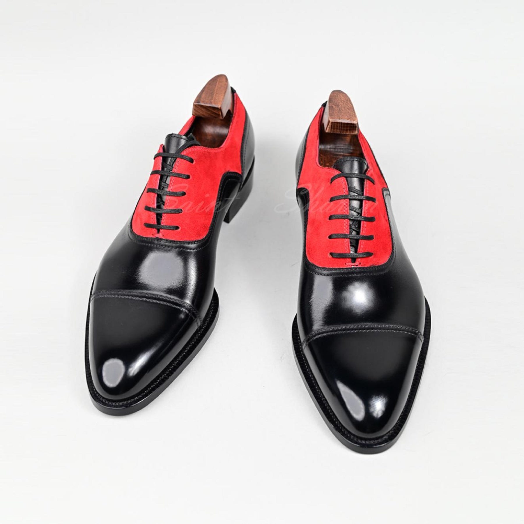 VSong Oxfords Shoes Black & Red Suede Cap Toe Business Shoes