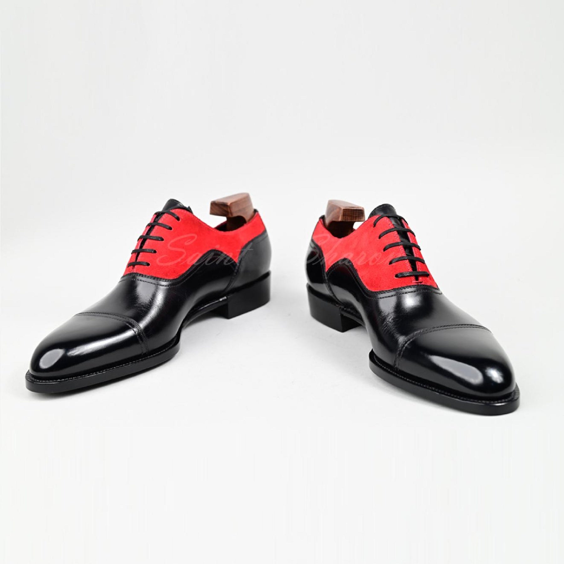 VSong Oxfords Shoes Black & Red Suede Cap Toe Business Shoes