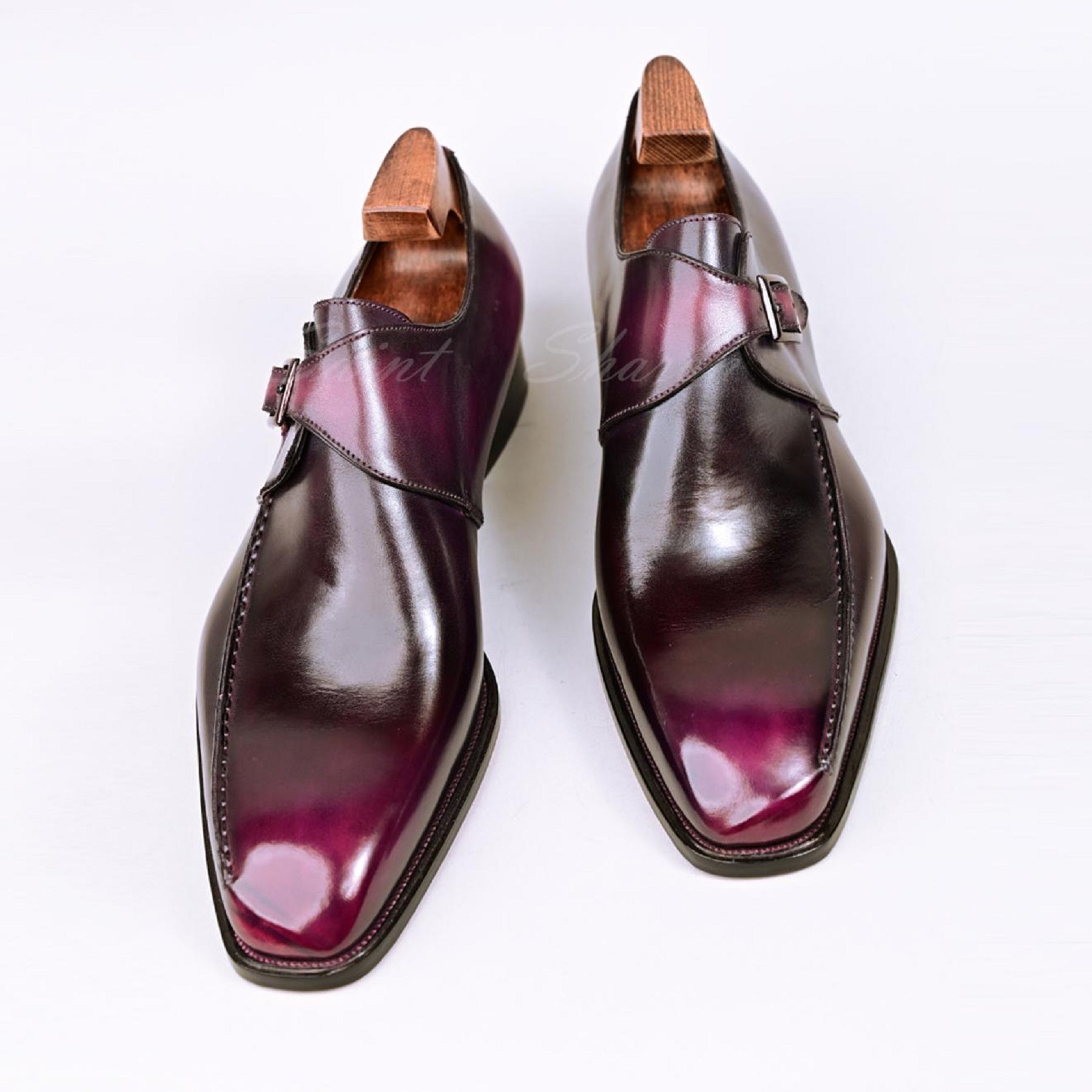 VSong Single Monkstraps Shoes Cap Toe Purple & Black Side Hand-Sewn