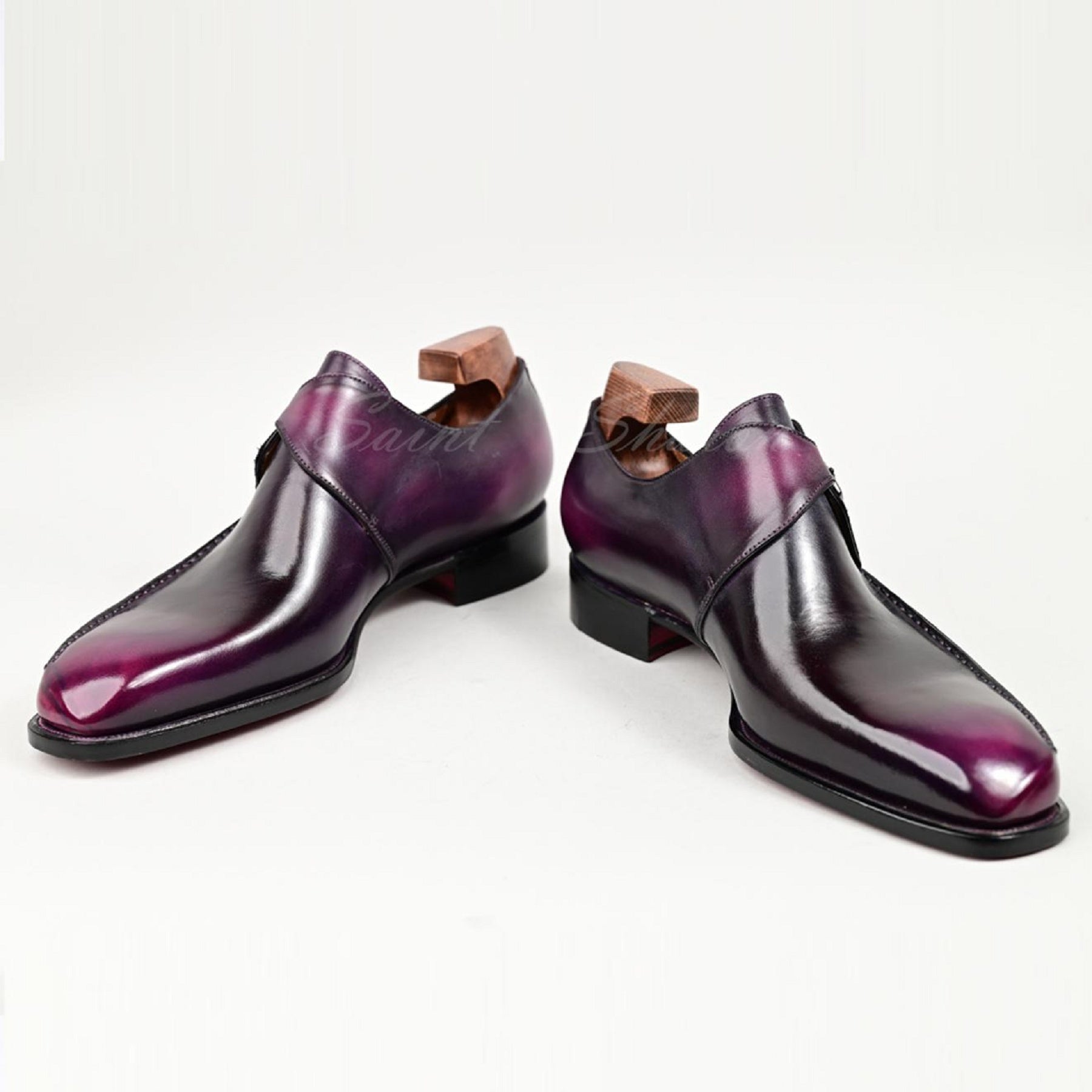 VSong Single Monkstraps Shoes Cap Toe Purple & Black Side Hand-Sewn