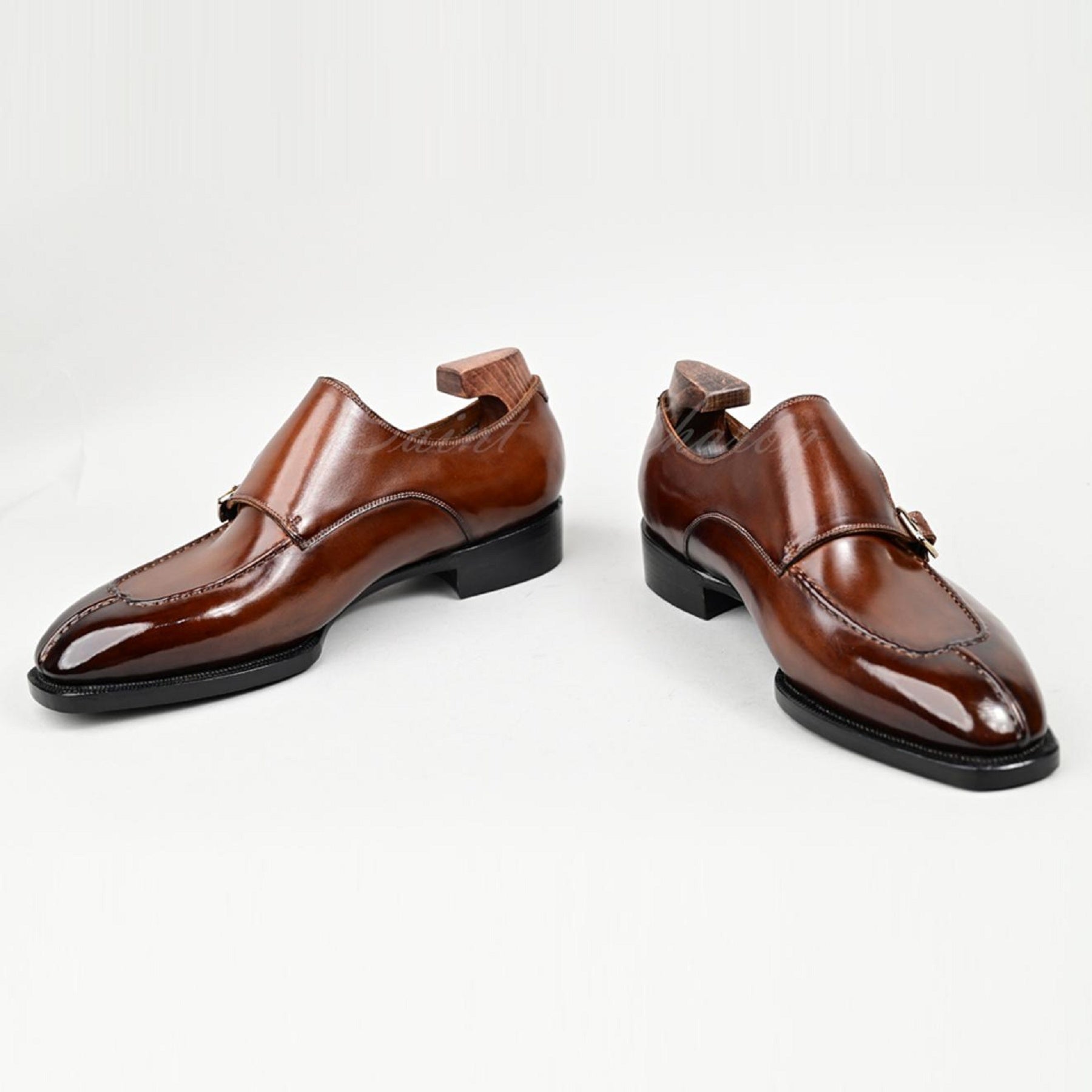 VSong Brown Double Monkstraps Men Dress Shoes Cap Toe Goodyear Welted