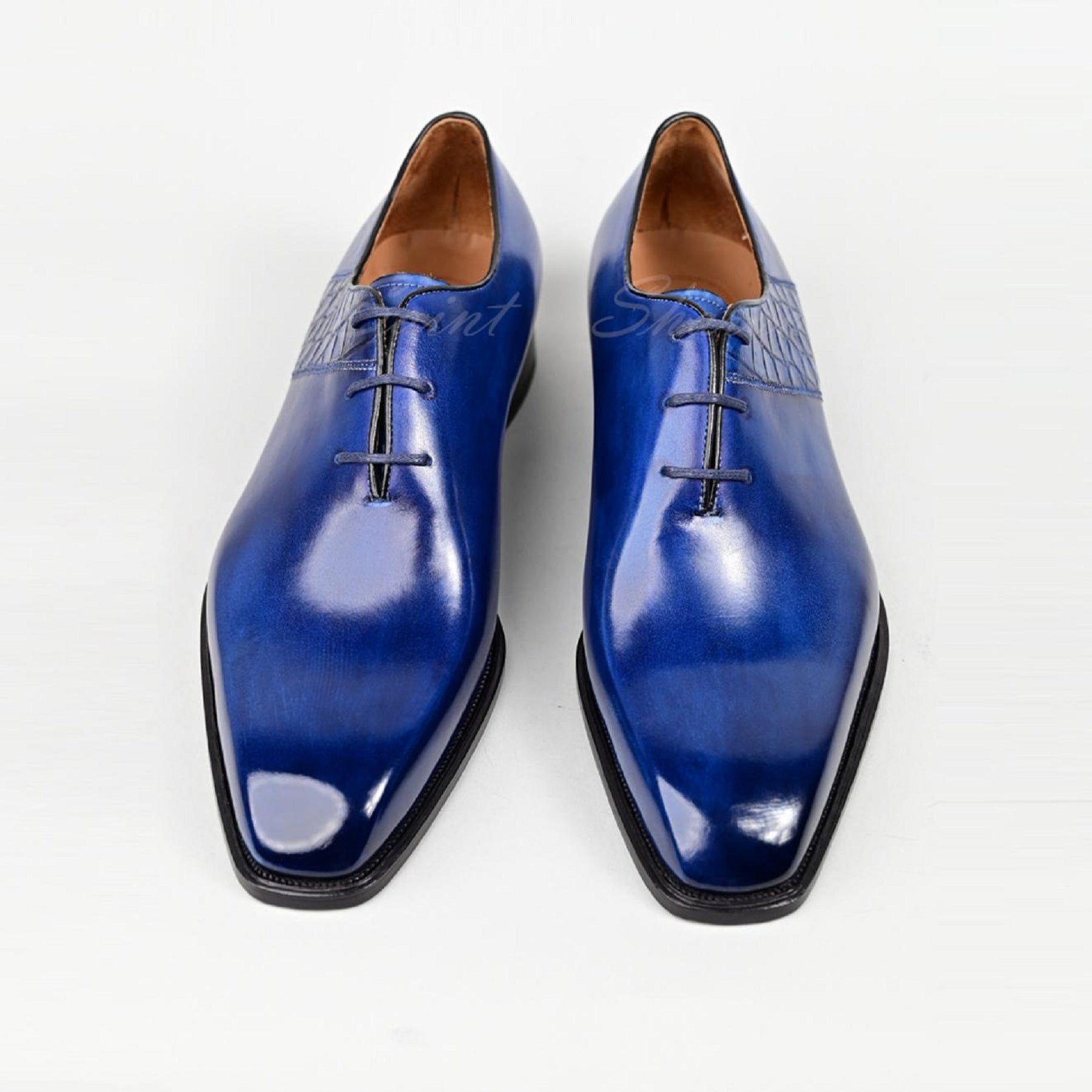 VSong Blue Oxfords Shoes Side Crocodile Burnished Cap Toe Men Shoes