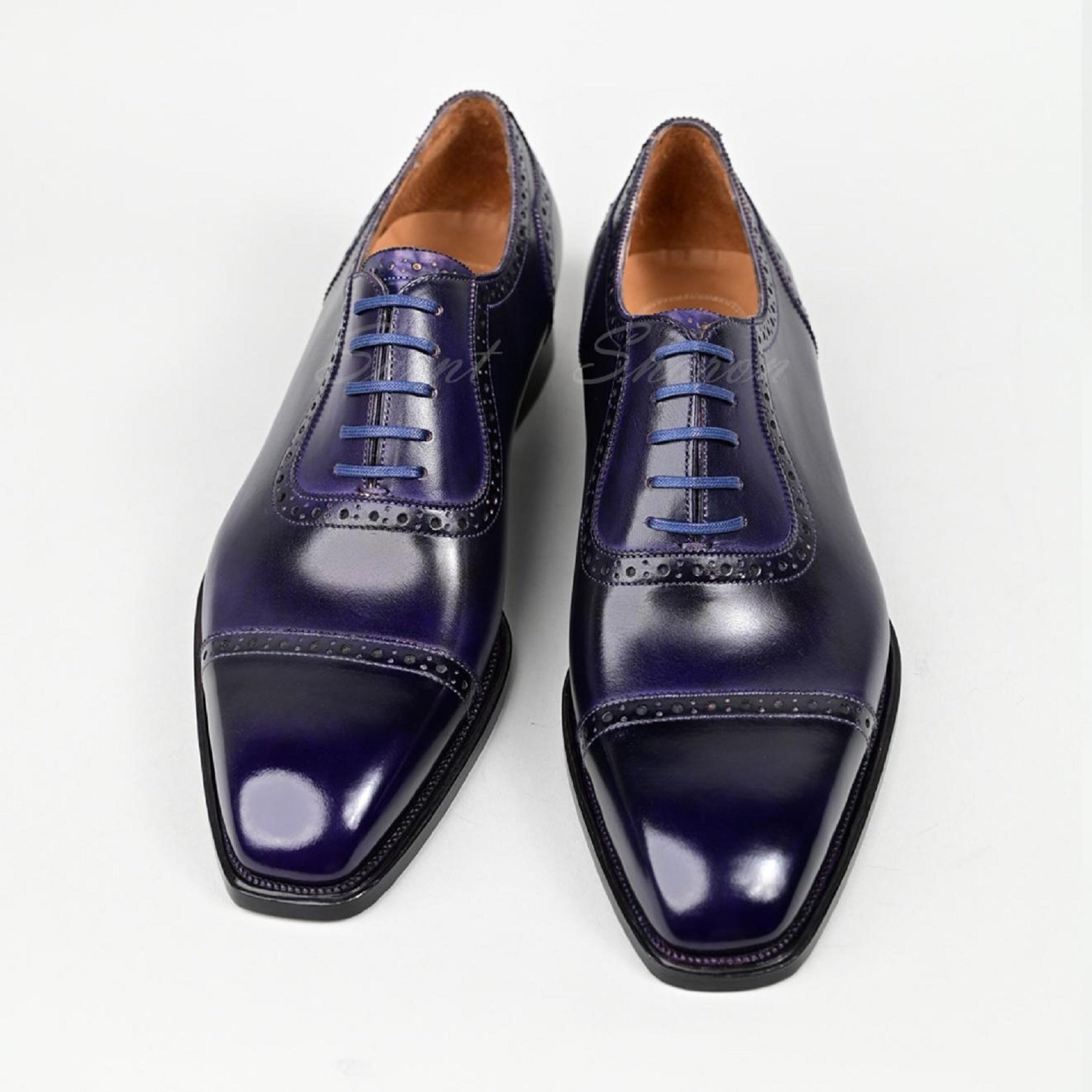 VSong Blue Oxfords Shoes Cap Toe Burnished Genuine Leather Business Shoes