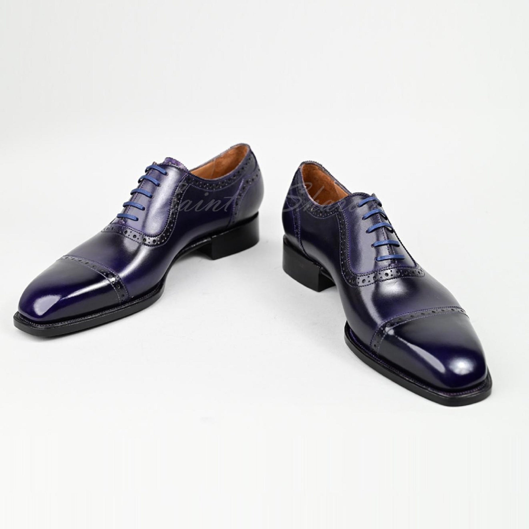 VSong Blue Oxfords Shoes Cap Toe Burnished Genuine Leather Business Shoes