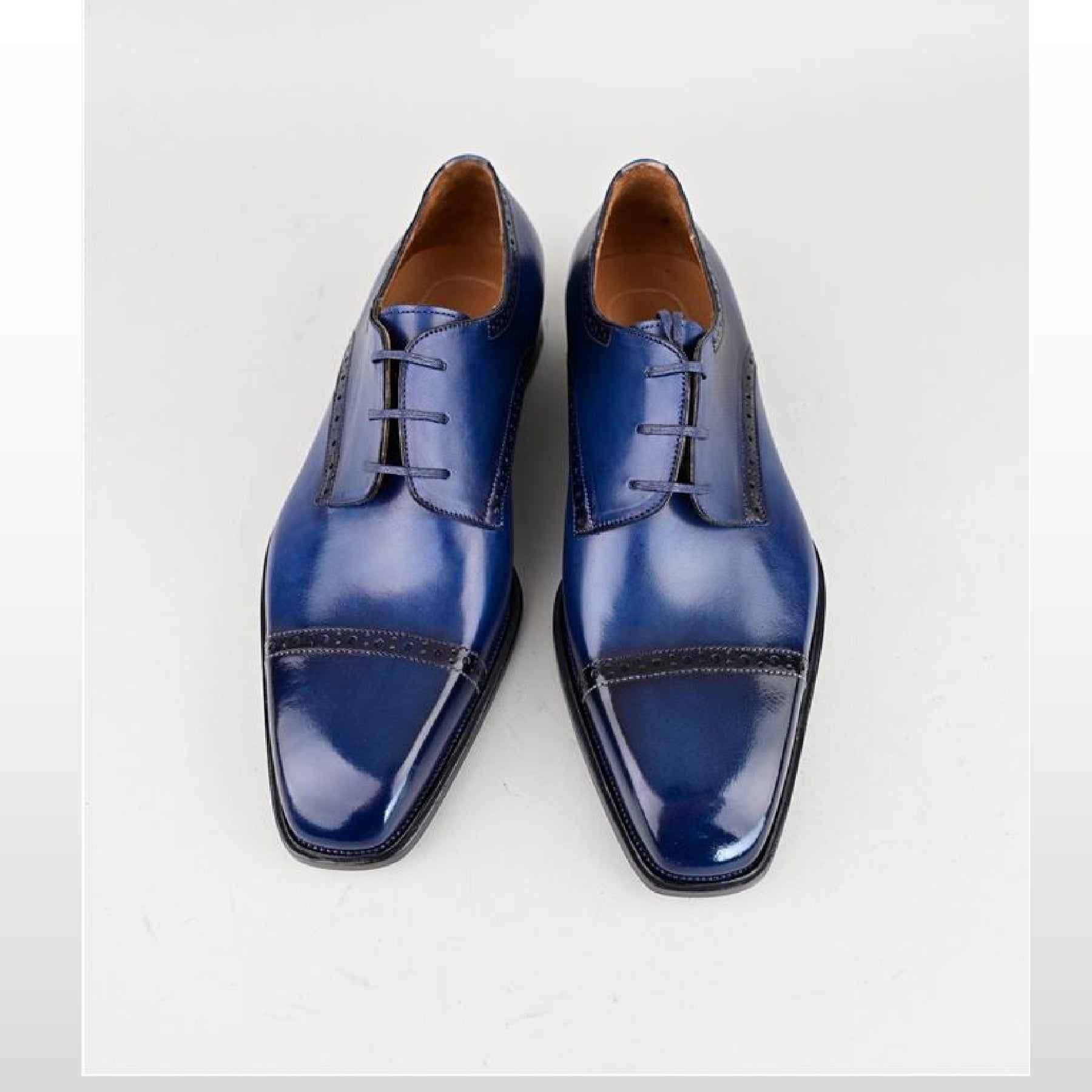 VSong Blue Derby Shoes Goodyear Welted Cap Toe Business Dress Shoes