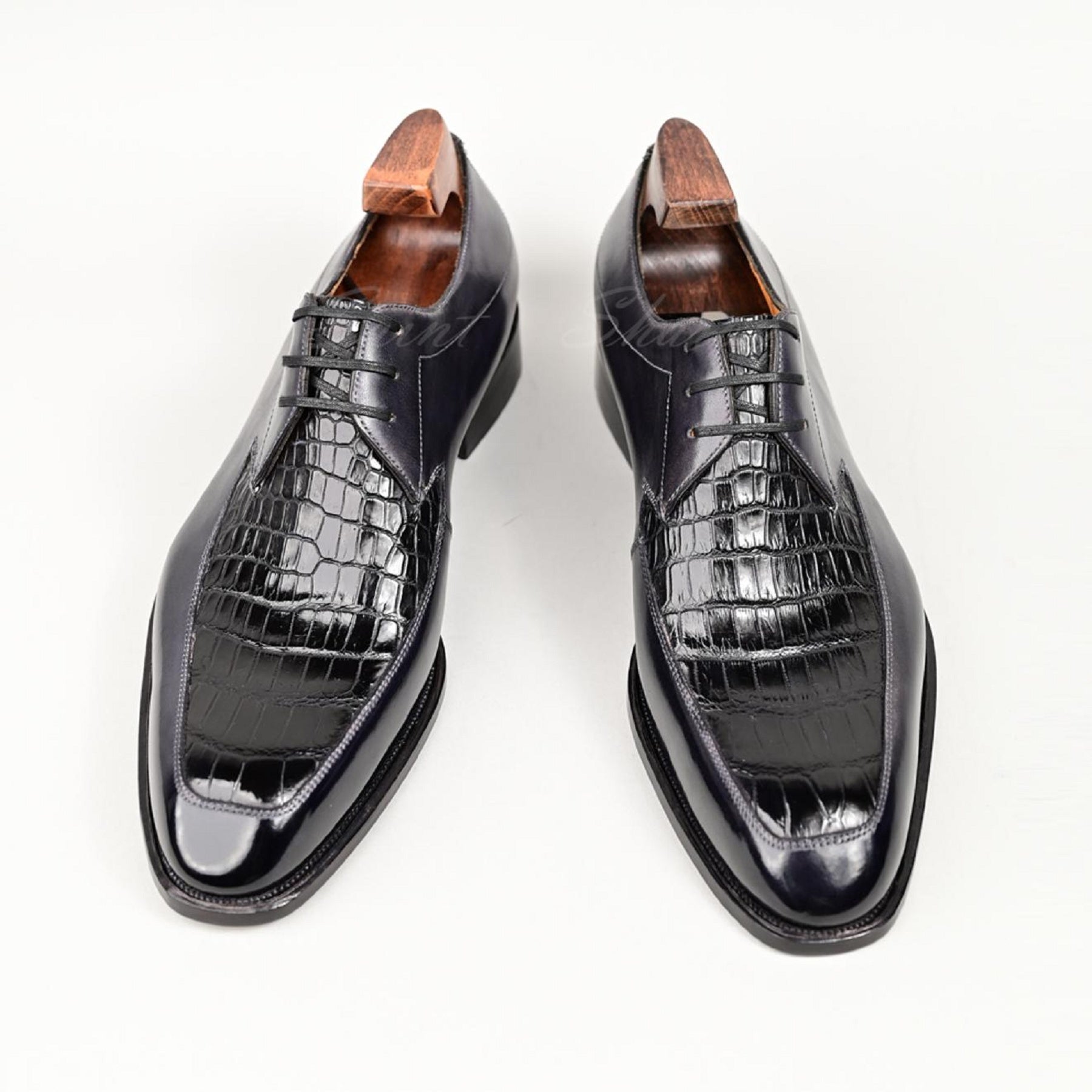 VSong Black Crocodile Embossed Derby Shoes Calfskin Goodyear Welted Wedding Shoes