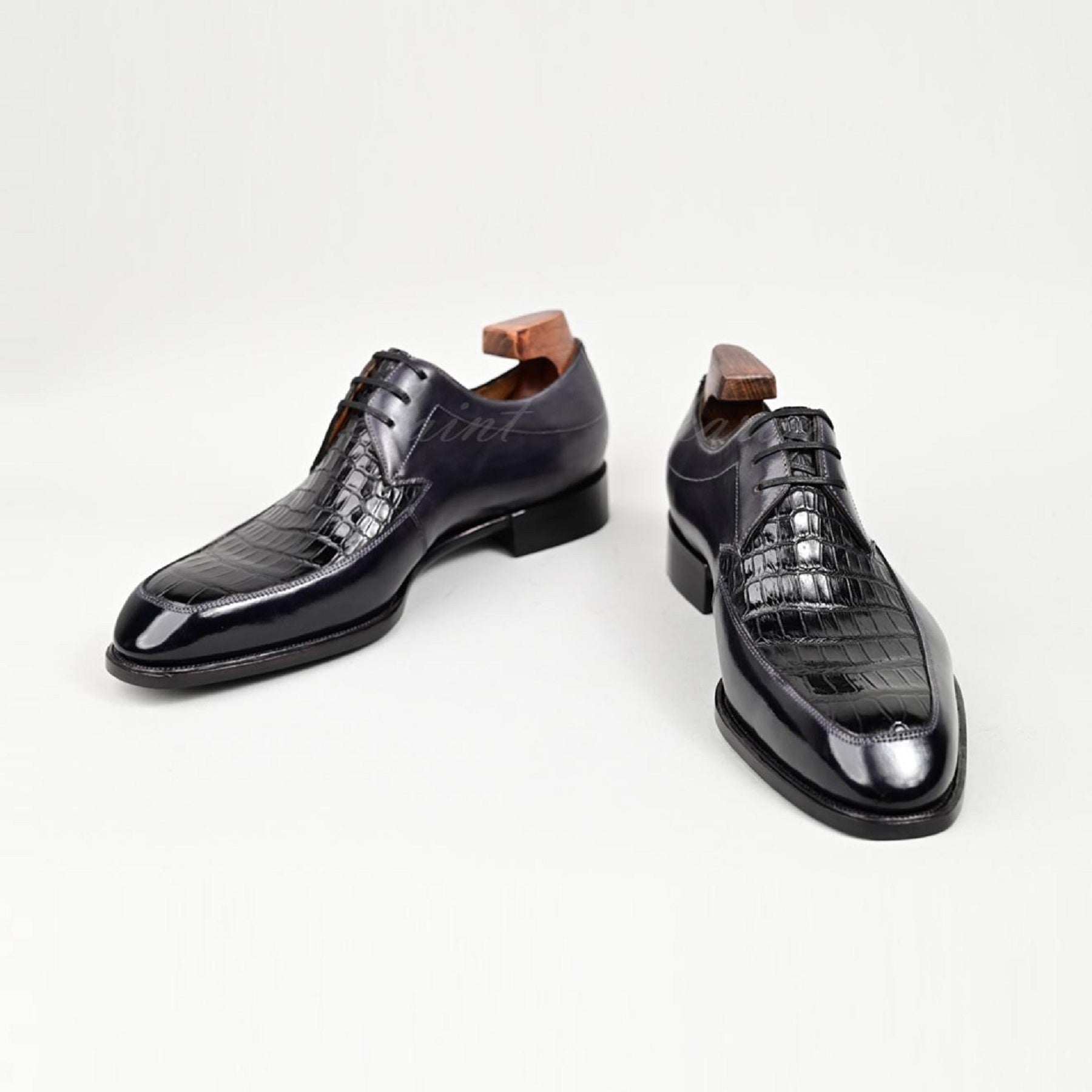 VSong Black Crocodile Embossed Derby Shoes Calfskin Goodyear Welted Wedding Shoes