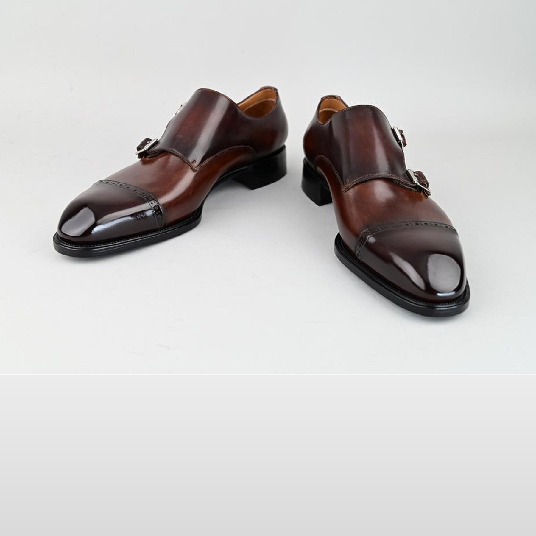 VSong Double Monkstrap Shoes Brown Black Leather Formal Business Shoes