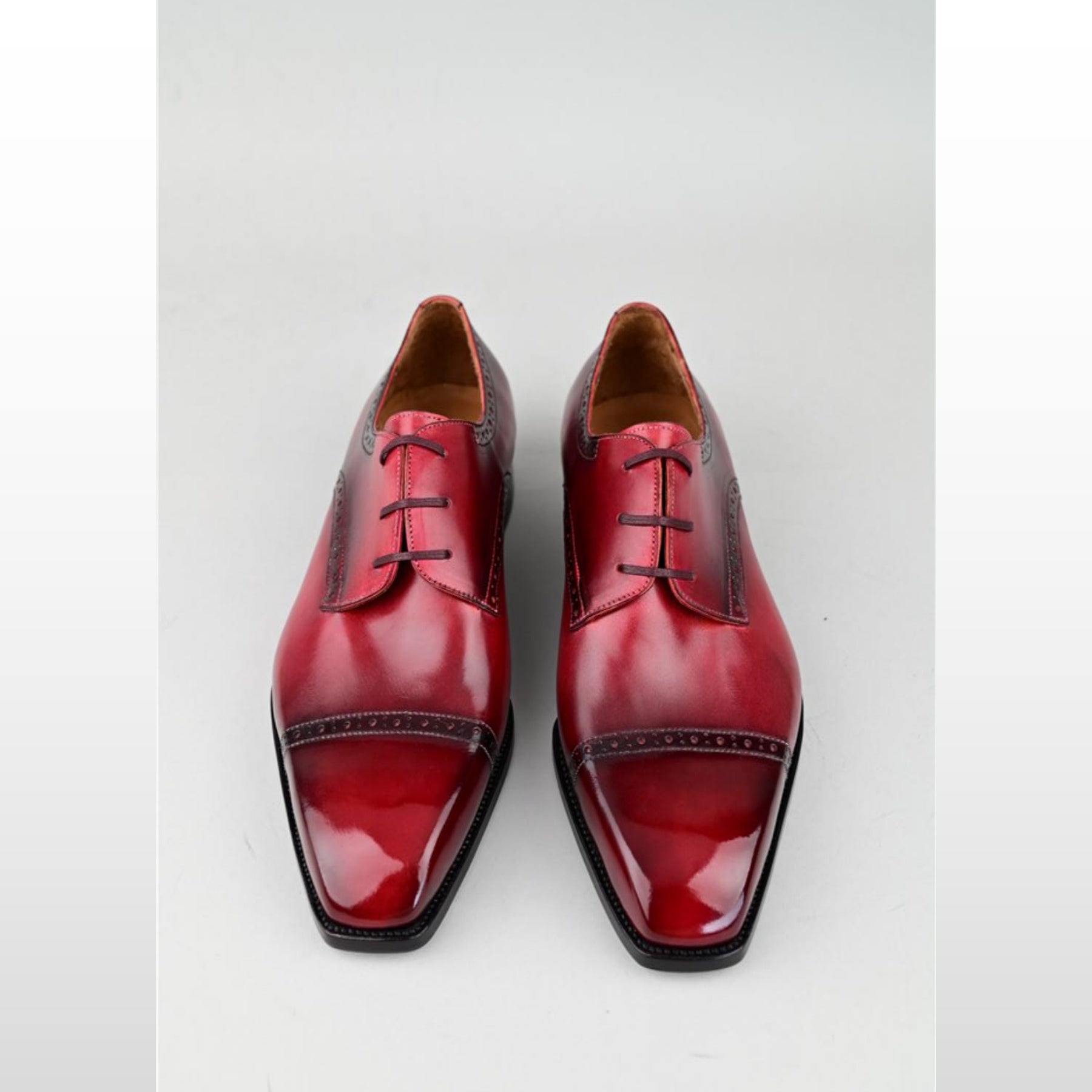 VSong Red Derby Shoes Leather Cap Toe Burnished Formal Shoes