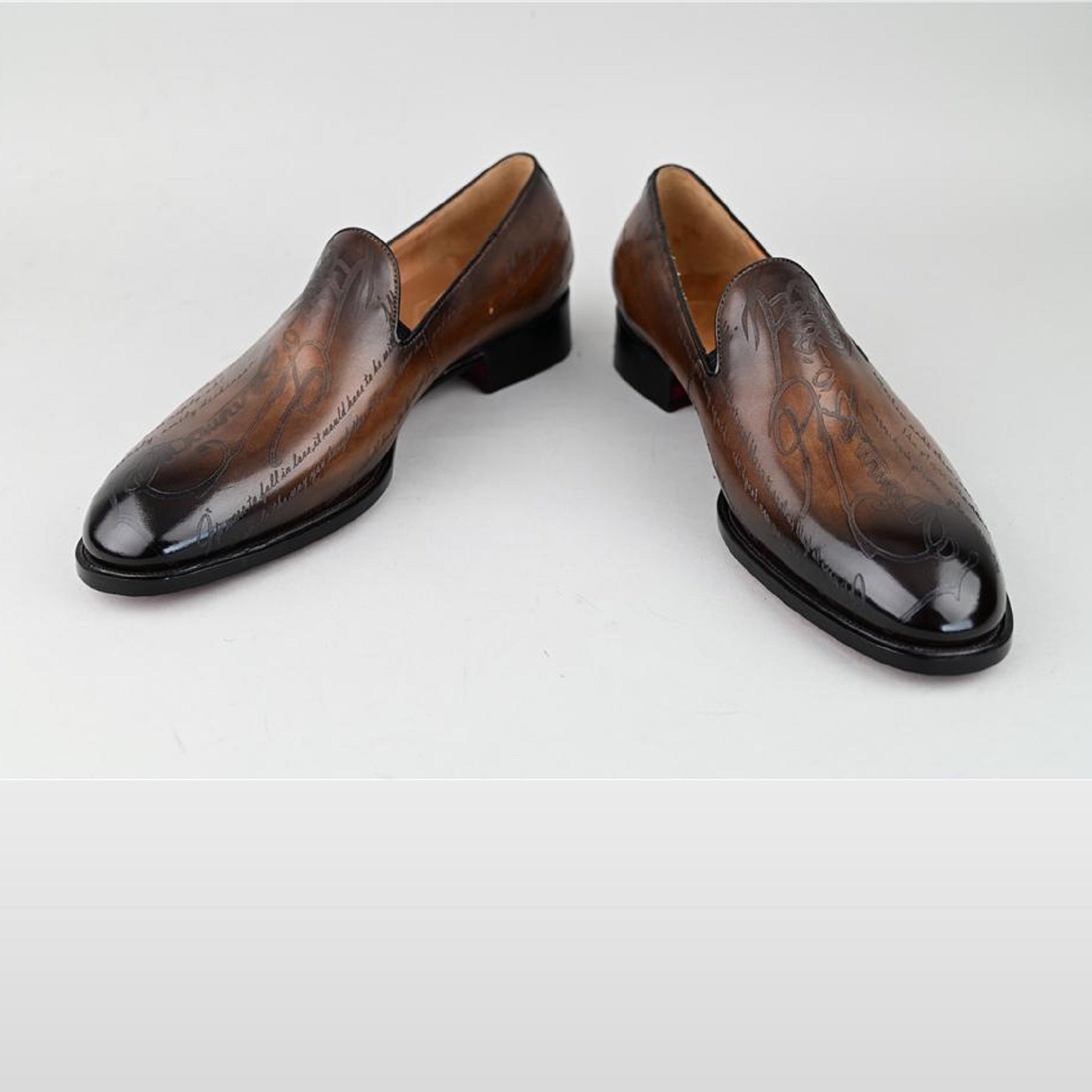 VSong Brown Loafers Shoes Cap Toe Leather Burnished Prom Shoes