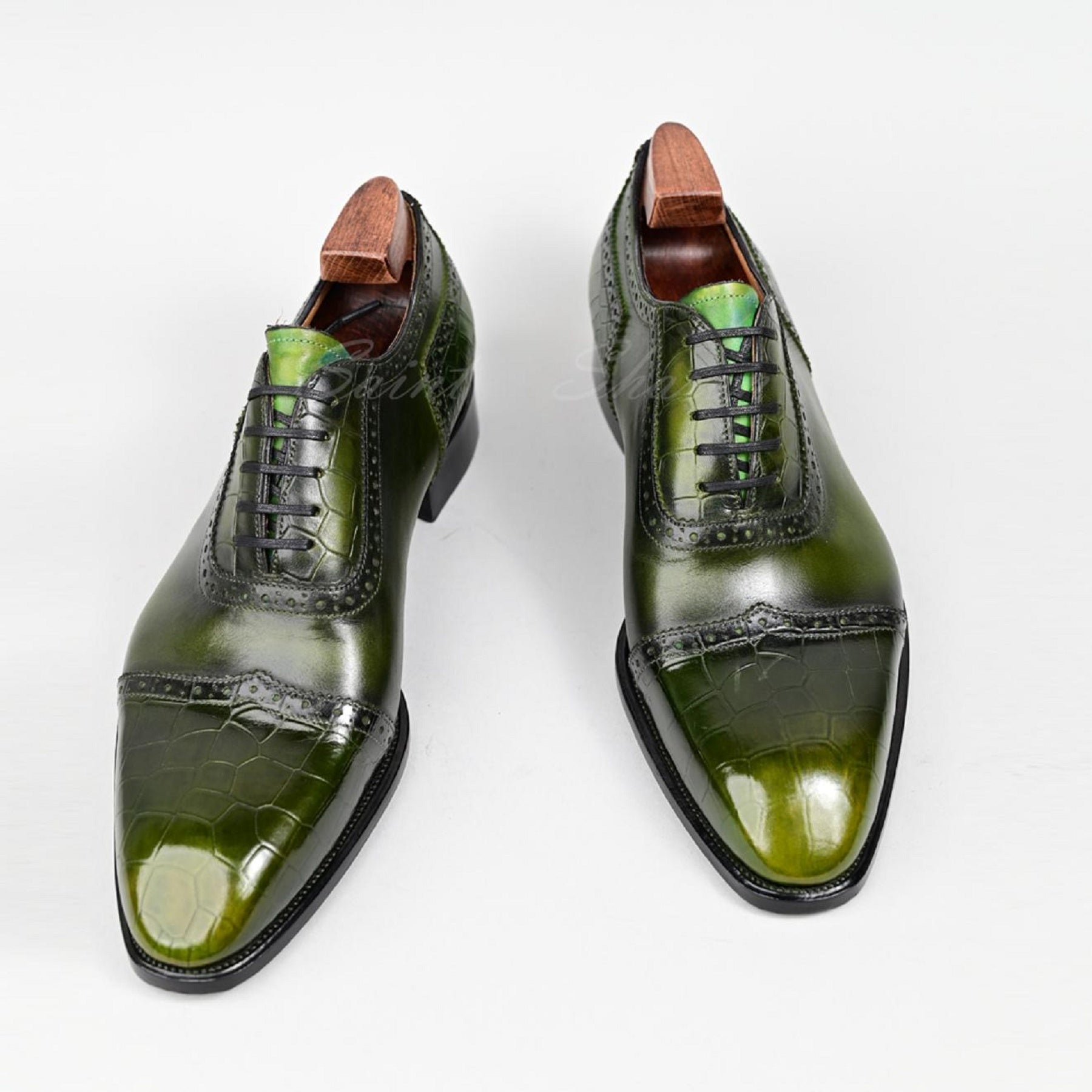 VSong Green Oxfords Shoes Goodyear Welted Wingtip Fashion Shoes