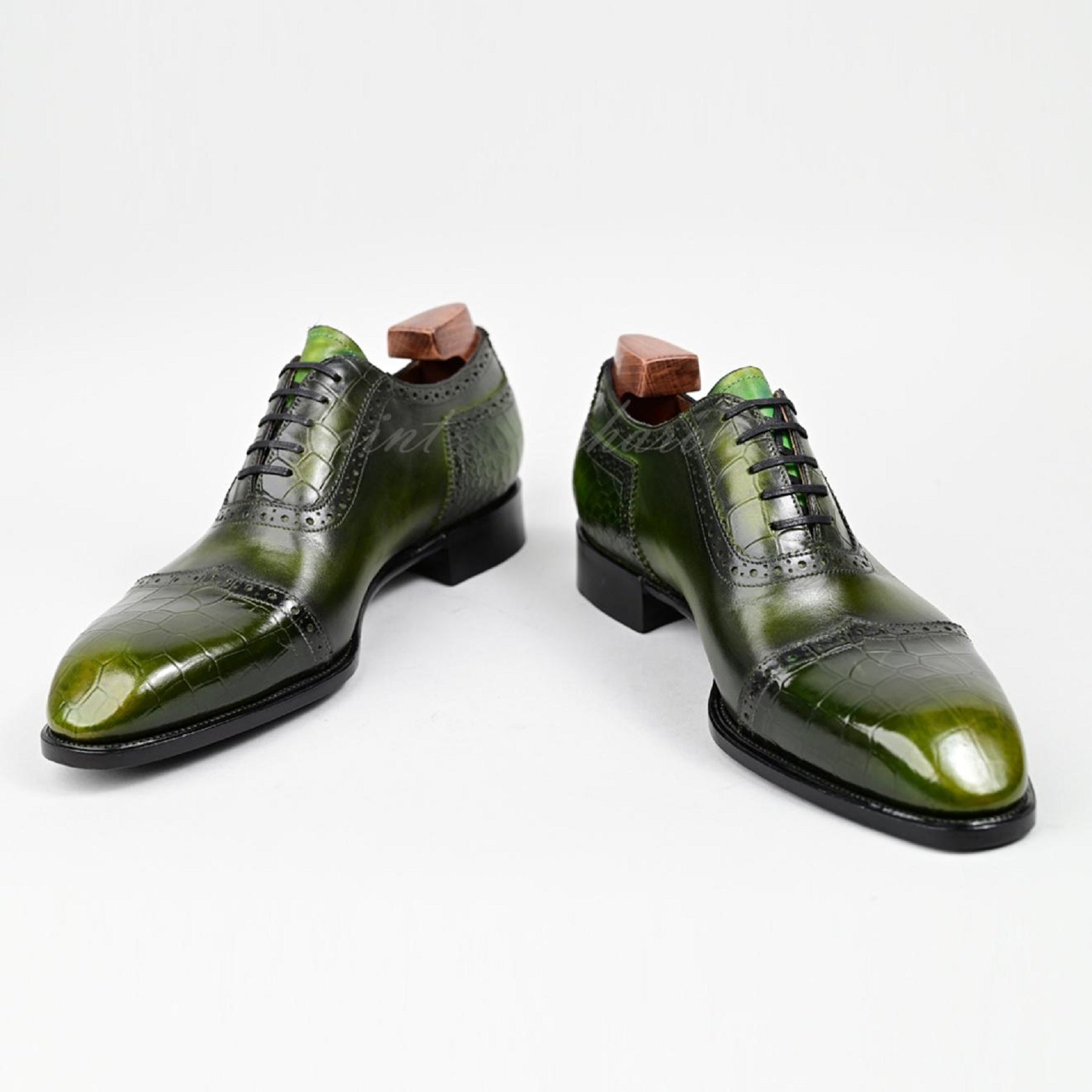 VSong Green Oxfords Shoes Goodyear Welted Wingtip Fashion Shoes