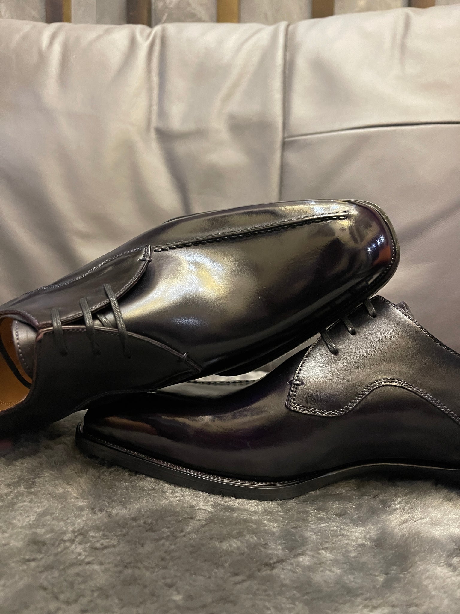 VSong Black Derby Leather Shoes Handsewn Burnished Social Shoes