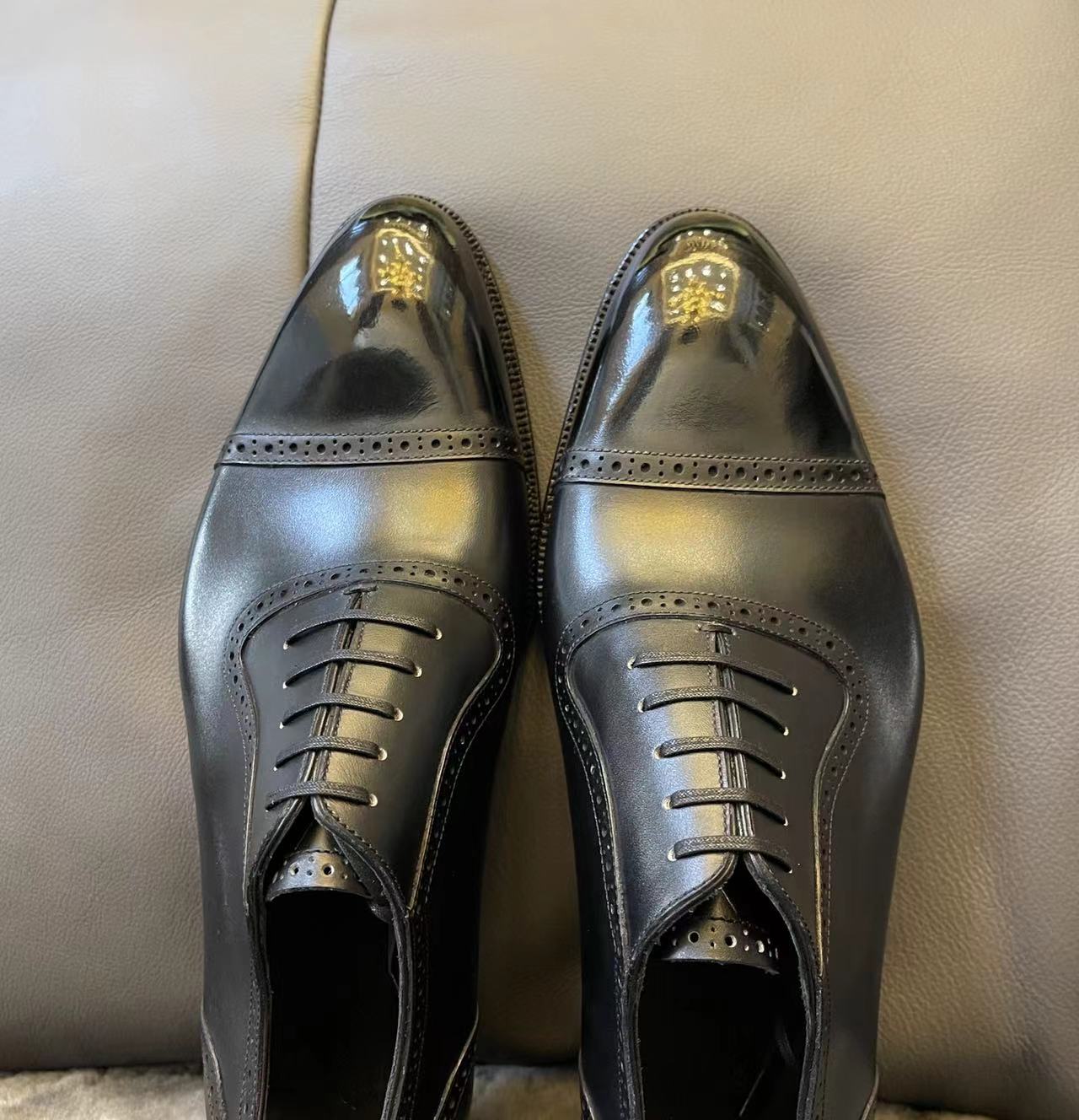 VSong Black Oxfords Shoes Cap Toe Goodyear Welted Wedding Groom Shoes