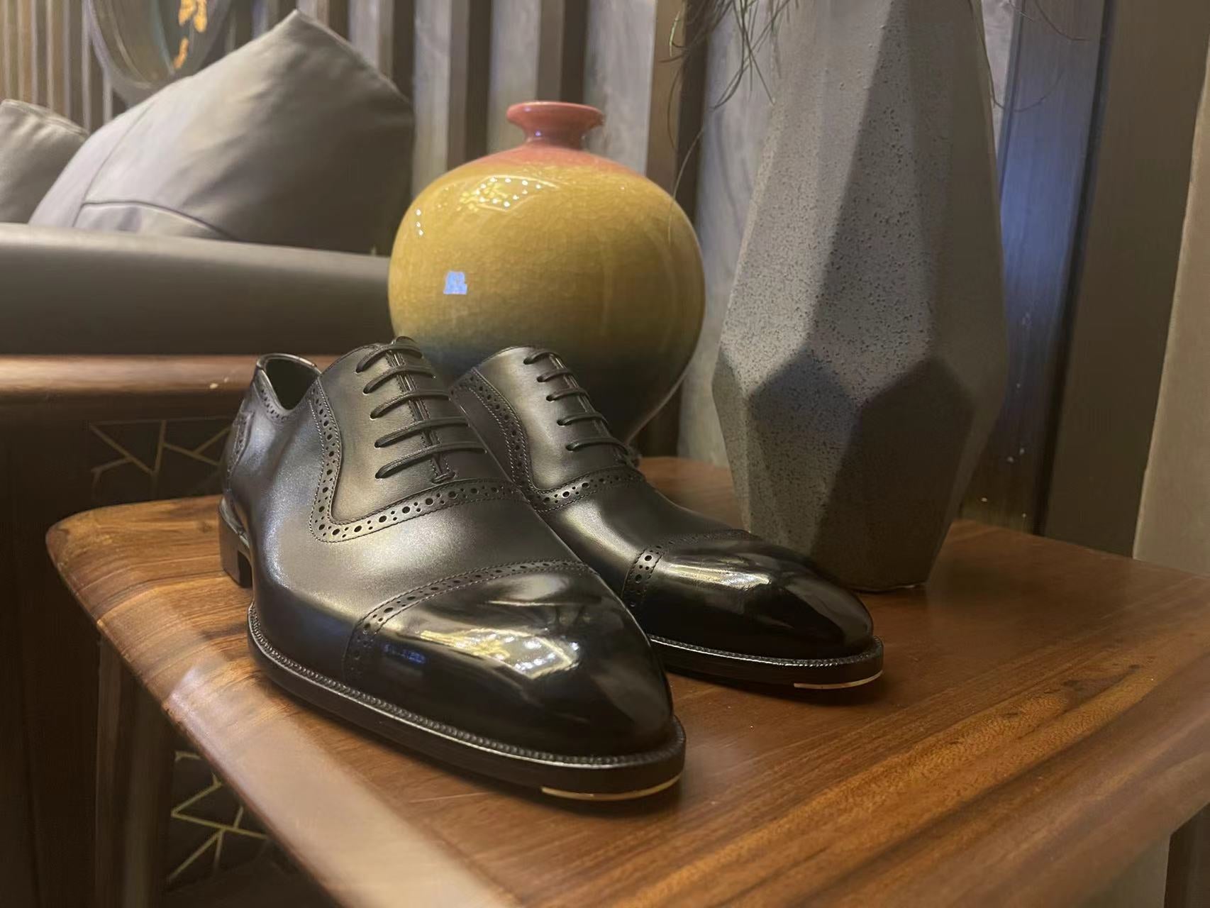 VSong Black Oxfords Shoes Cap Toe Goodyear Welted Wedding Groom Shoes