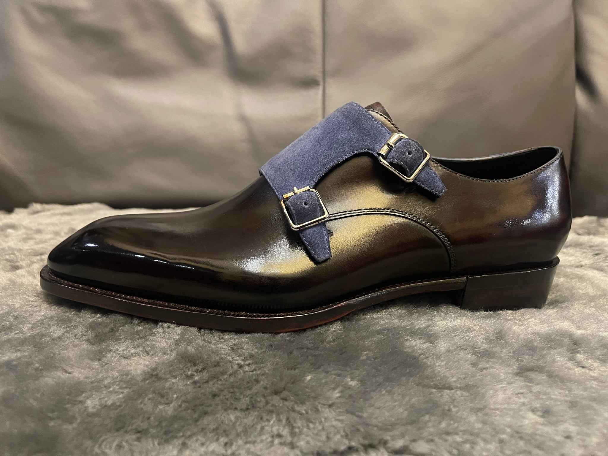 VSong Double Monkstrap Blue Black Suede Goodyear Welted Men Dress Shoes