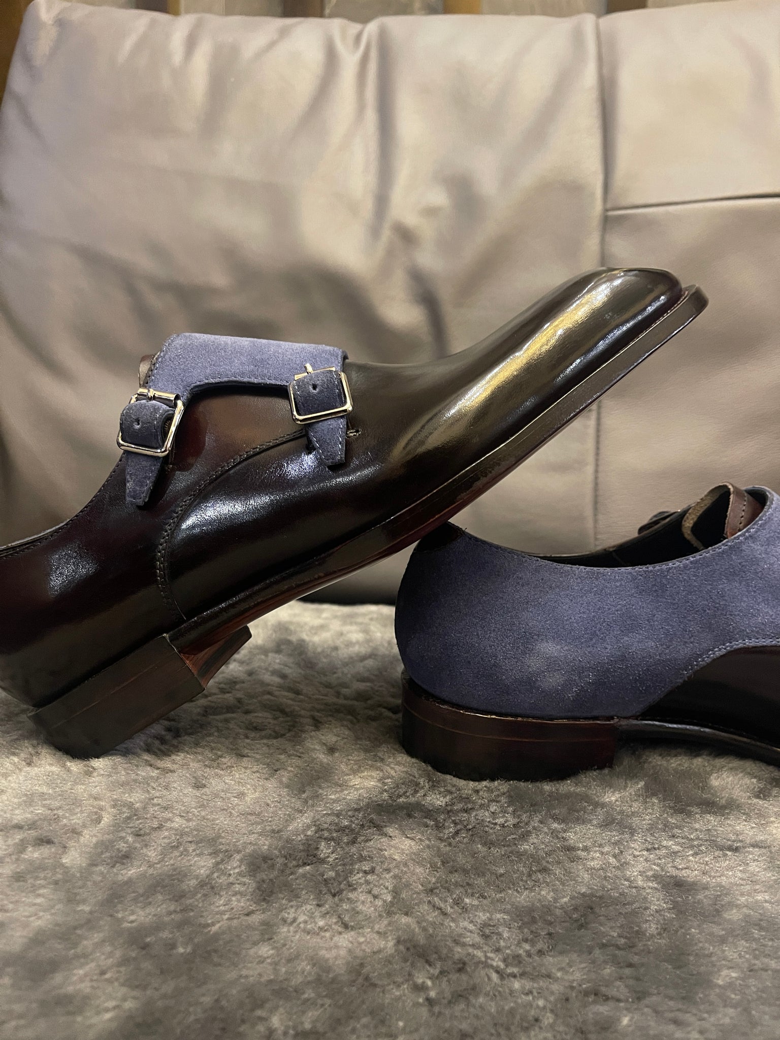 VSong Double Monkstrap Blue Black Suede Goodyear Welted Men Dress Shoes