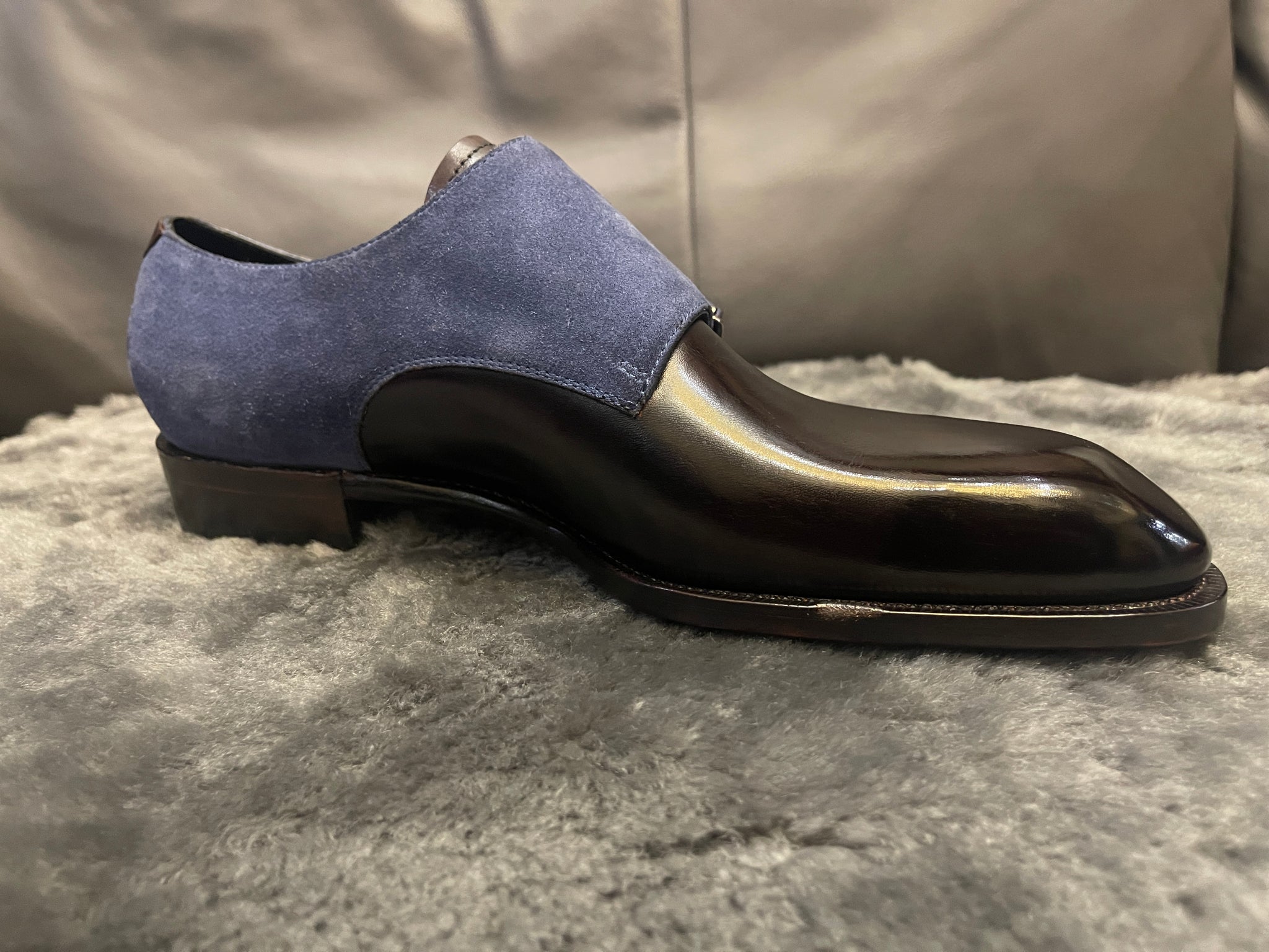 VSong Double Monkstrap Blue Black Suede Goodyear Welted Men Dress Shoes