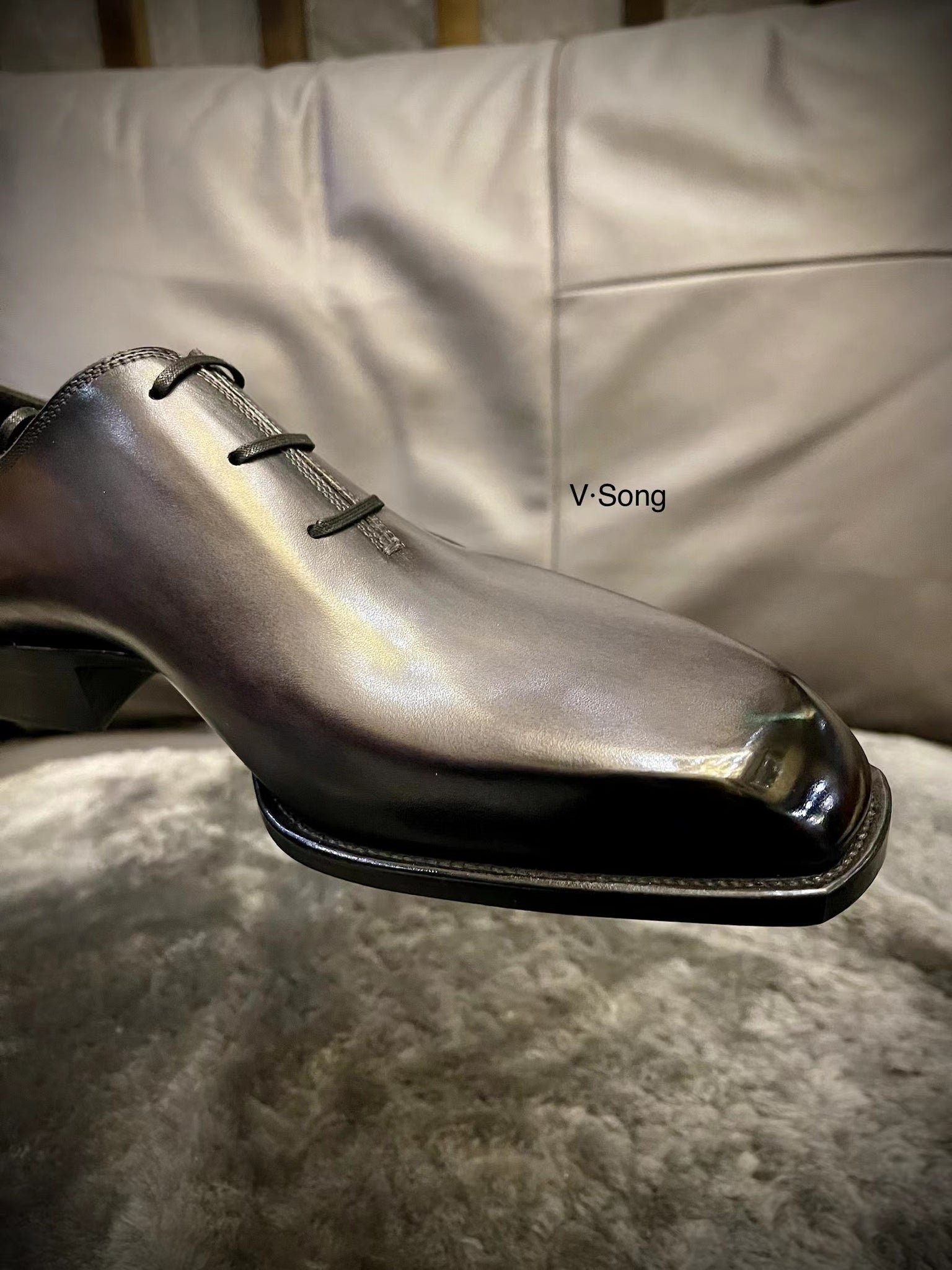 VSong Grey Oxfords Shoes Cap Toe Leather Official Business Shoes Prom Shoes