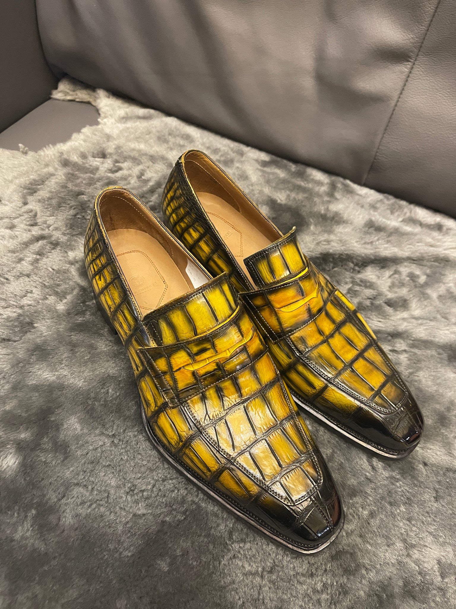 VSong Yellow Crocodile Loafer Mens Dress Shoes Prom Shoes Wedding Groom Shoes