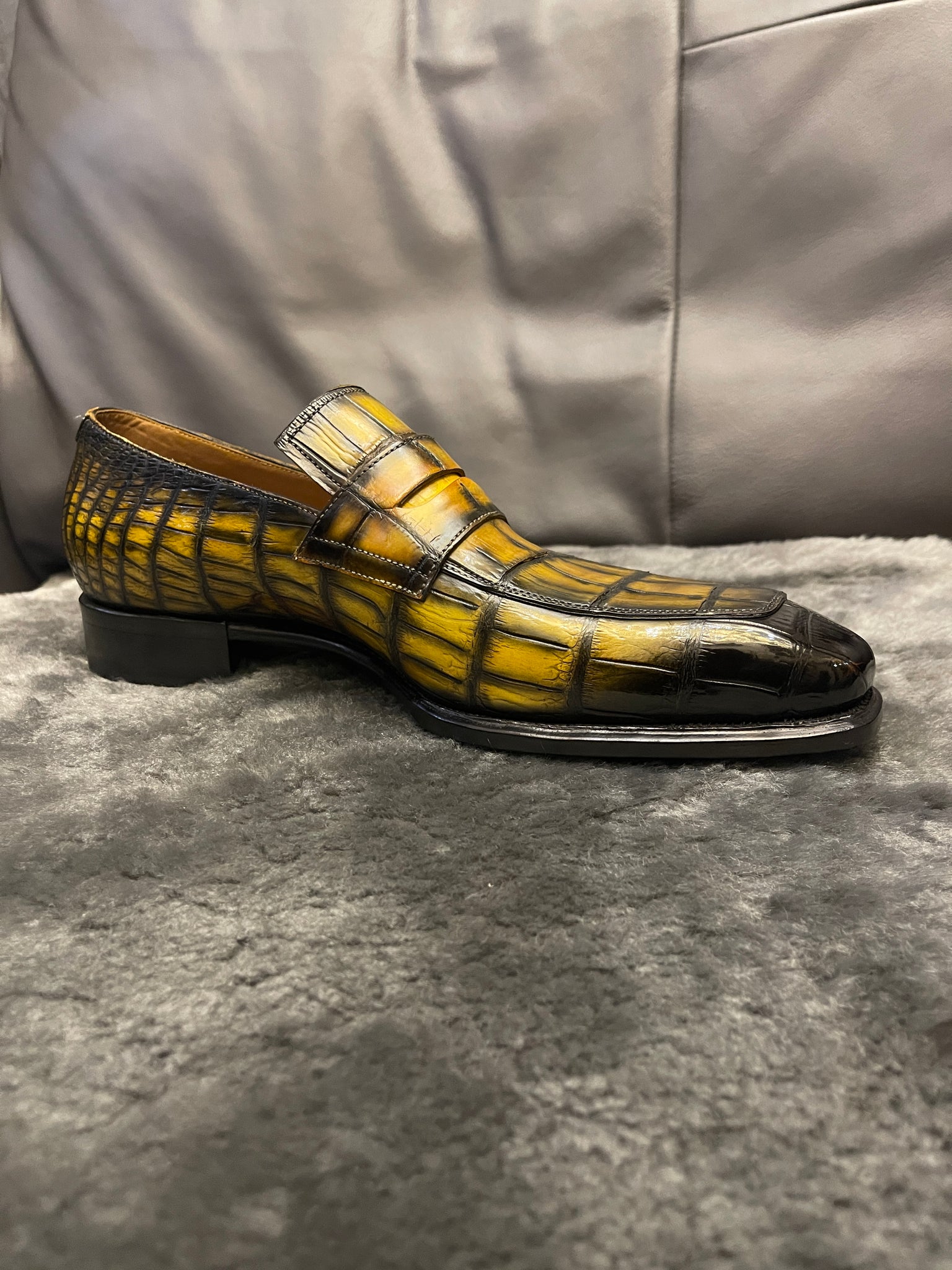 VSong Yellow Crocodile Loafer Mens Dress Shoes Prom Shoes Wedding Groom Shoes