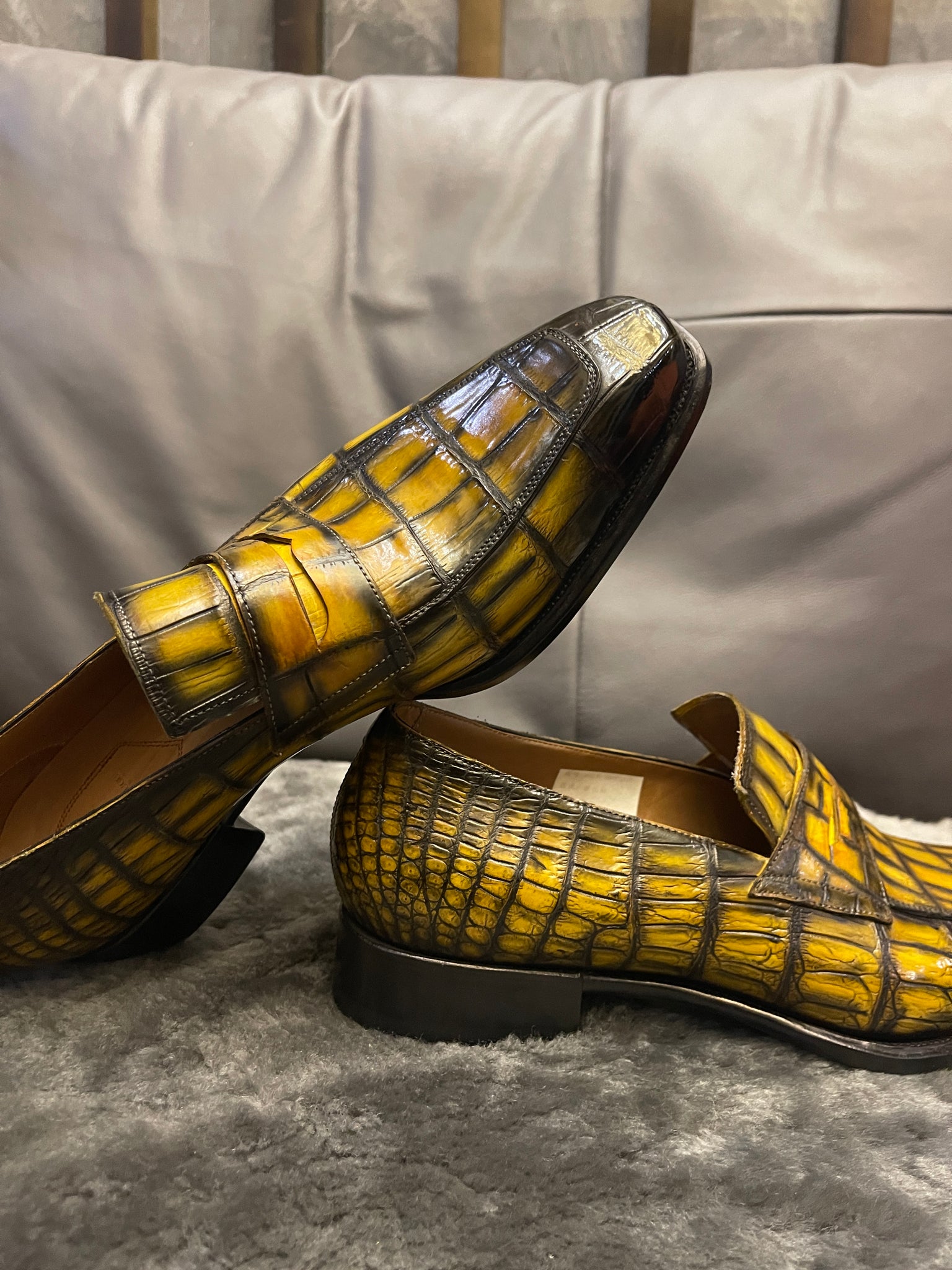 VSong Yellow Crocodile Loafer Mens Dress Shoes Prom Shoes Wedding Groom Shoes