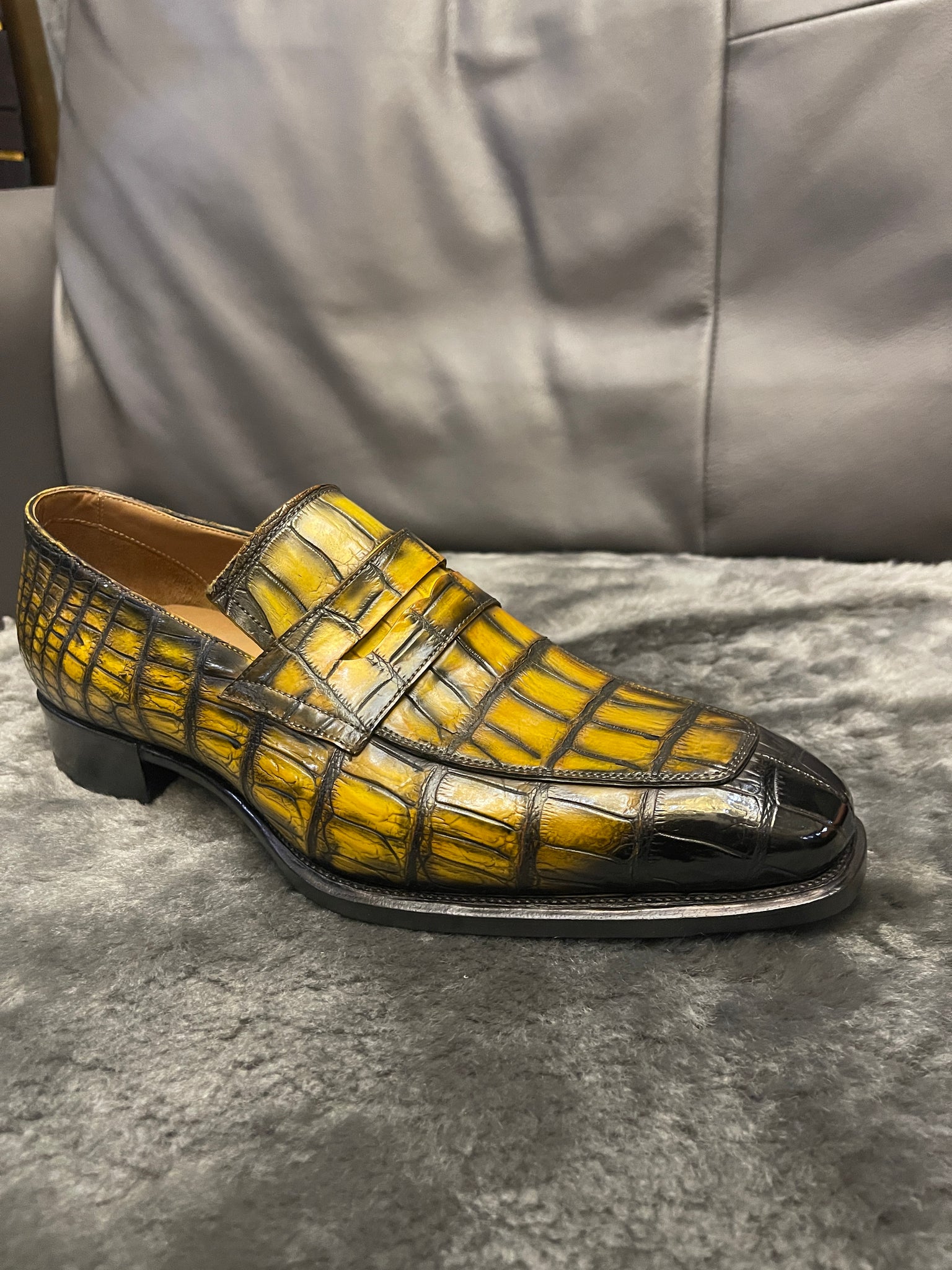 VSong Yellow Crocodile Loafer Mens Dress Shoes Prom Shoes Wedding Groom Shoes